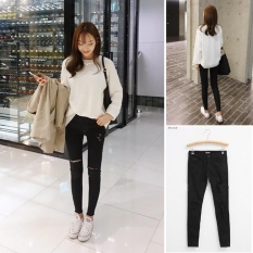 Venflon Gaun Korean Skinny Murni Cotton Elastis Pensil Pant Pelangsing Jean (Hitam Yang Robek)-Intl