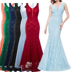 Venflon Wanita Off Shoulder Seksi Bungkus Dada Renda Bunga Cetak Gaun Putri Duyung Pesta Malam Formal Maxi Long Gaun (Biru Dongker)-Intl