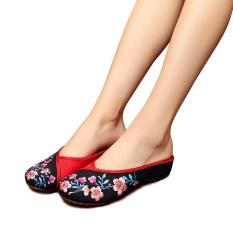 Veowalk Sepatu Ukuran Besar Fashion Perempuan Slides Spring/Musim Panas Beijing Bunga Bordir Wanita Sandal Kasual Sandal Sandalia Ladies Sandal Hitam -Intl