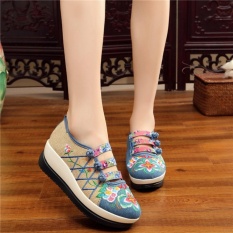 Veowalk Sepatu Sepatu Bunga Wanita Bordir Linen Kanvas Slip-ons Platform Sepatu Biru-Internasional