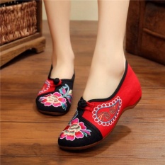 Veowalk Sepatu Bunga Kanvas Wanita Bordir Balet Flat Musim Semi Musim Gugur Casual Old Beijing Sepatu Hitam-Intl