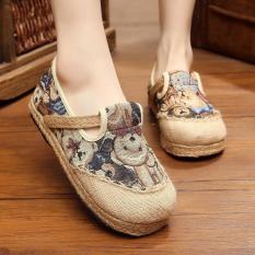 Veowalk Sepatu Linen Cotton Thailand Gaya Bear Wanita Bordir Casual Loafers untuk Kegiatan Outdoor Platform Sepatu untuk Wanita Biru-Intl