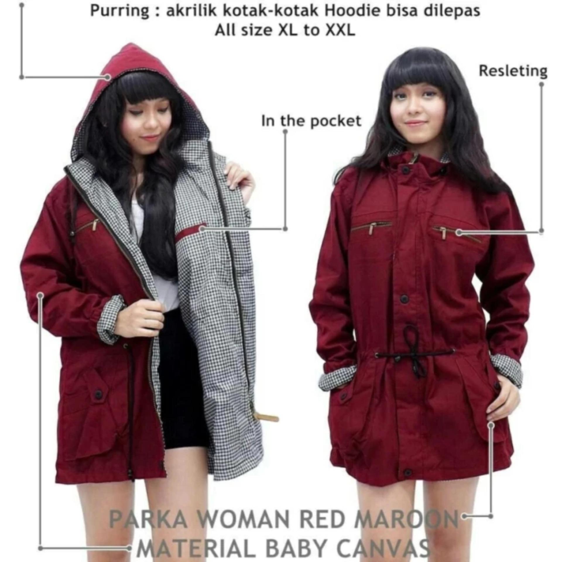 Verlyn Store Jaket Parka Wanita - Canvas - Bolak-Balik - Merah maroon