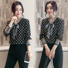 Kemeja Wanita Bunga-Bunga Pita Kupu-Kupu Retro (Hitam) (Hitam)