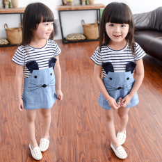 Dress Anak Perempuan Motif Garis Ala Korea (Rok denim) (Rok denim)