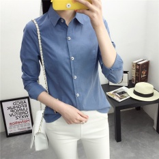 Longgar Korea Fashion Style Kain Linen Musim Semi Dan Musim Gugur Perempuan Koboi Atasan Lengan Panjang Kemeja (Denim biru) baju wanita baju atasan kemeja wanita
