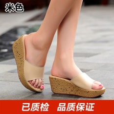 Sandal Selop Wanita Sol Tebal Kulit Asli Versi Korea (Krem) (Krem)