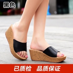 Sandal Selop Wanita Sol Tebal Kulit Asli Versi Korea (Hitam) (Hitam)