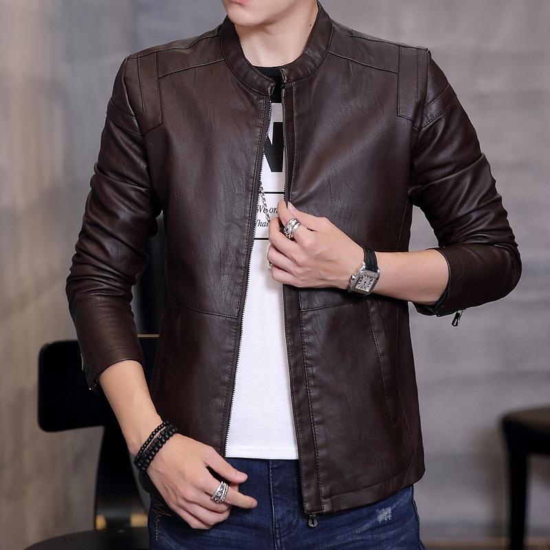 Jaket Kulit Pria Membentuk Tubuh Versi Korea (Kopi warna) (Kopi warna)