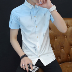Korea Fashion Style Slim Bagian Tipis Remaja Tampan Kemeja Lengan Pendek Kemeja (833 biru) baju atasan kaos pria kemeja pria
