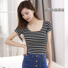 Hitam T-shirt Atasan Korea Fashion Style Modal Slim (Besar hitam dan putih bergaris (tipis ketat) baju wanita baju atasan kemeja wanita