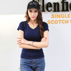 Kaos Warna Solid Baju Dalaman Putih Wanita (Biru tua v-neck)