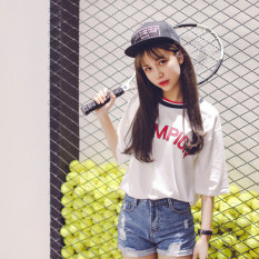 Kaos Wanita Lengan Pendek Kerah Bulat Motif Cetak Bergaris Model Longgar Gaya Korea (712 putih) baju wanita baju atasan kemeja wanita
