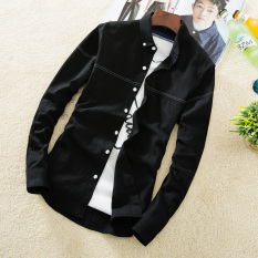 Kemeja Pria Lengan Panjang Kemeja Korea Gaya Busana Remaja (Hitam) Baju Atasan Kaos Pria Kemeja Pria