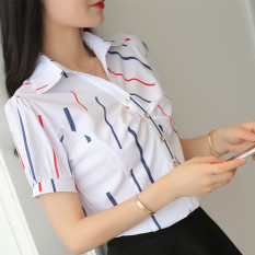 Korea Fashion Style v-neck yard besar lengan pendek kemeja sifon kemeja putih (Warna bar warna) (Warna bar warna) baju wanita baju atasan kemeja wanita