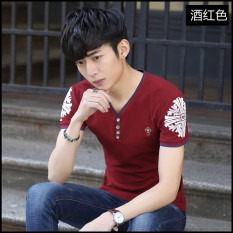 Versi Korea dari Leher-v Lengan Pendek Remaja Kaus (Anggur Merah) Baju Atasan Kaos Pria Kemeja Pria