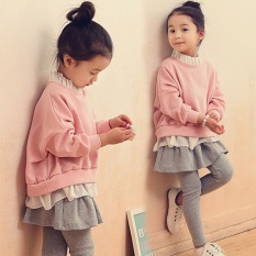 Setelan Anak Perempuan Dua Potong Sweater Rok Celana Olahraga (Merah muda) (Merah muda)