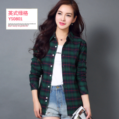 Versi Korea perempuan Musim Semi dan Gugur lengan panjang kemeja Slim kemeja katun kemeja kotak-kotak (YS-0801) baju wanita baju atasan kemeja wanita