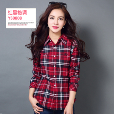 Versi Korea perempuan Musim Semi dan Gugur lengan panjang kemeja Slim kemeja katun kemeja kotak-kotak (YS-0808) baju wanita baju atasan kemeja wanita