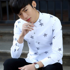 Korea Fashion Style Slim Remaja Bintang Dicetak Kemeja Lengan Panjang Kemeja (Putih) (Putih)