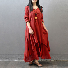Vestidos 2016 Musim Gugur Fashion Wanita Gaun Ukuran Better Elegan dengan Gaun Longgar Leher V Baju Lengan Kasual Padat Sprei Katun BoHo Gaun Panjang Maxi Merah Bata