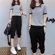 Victory 2 Pcs Baru Ukuran Besar Wanita Apakah Tipis Kasual Suit Gerakan Dua Buah T-shirt dan Celana (Abu-abu dan Hitam) -Intl