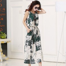 Vintage 2018 Summer Wanita Gaun Panjang Fashion Literatur Dicetak Linen Gaun Kausal Tanpa Lengan Slim Plus Ukuran Gaun-Intl