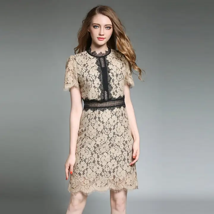 Vintage Desain Yang Menakjubkan Dicungkil Renda Patchwork Lengan Bang Pendek O Leher Bodycon Wanita Pensil Gaun For Kerja Pesta And Pernikahan