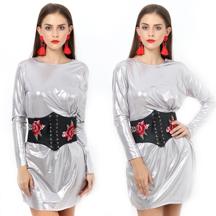 Vintage Bordir Rose Flower Lace Up Lebar Pinggang PU Leather Belt Diikat Corset Cinch Belt Warna: Hitam-Intl
