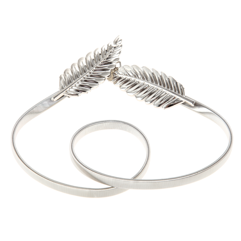 Ikat Pinggang Elastis Wanita Vintage Gesper Logam Bentuk Daun Warna Perak Ikat Pinggang Elastis Wanita Vintage Gesper Logam Bentuk Daun Warna Perak