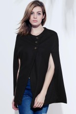Vintage Gaya Scoop Leher Tanpa Lengan Slant Cut Tiga Tombol Wol Blend Jubah Jubah Wanita-Intl