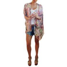 Vintage Kardigan Wanita Model Kimono Geometri Cetak Setengah Lengan Kelelawar Lepas Blus Tipis Pakaian Kardigan Merah