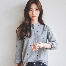 Vlent Daun Bordir Musim Gugur Tops Cotton Casual Striped Kemeja Lengan Panjang Wanita Kantor Baju Blus Plus Ukuran (Biru) -Intl