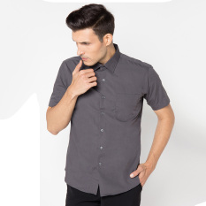 VM Kemeja Pria Polos Slimfit Basic Pendek Abu Tua - Dark Grey short shirt