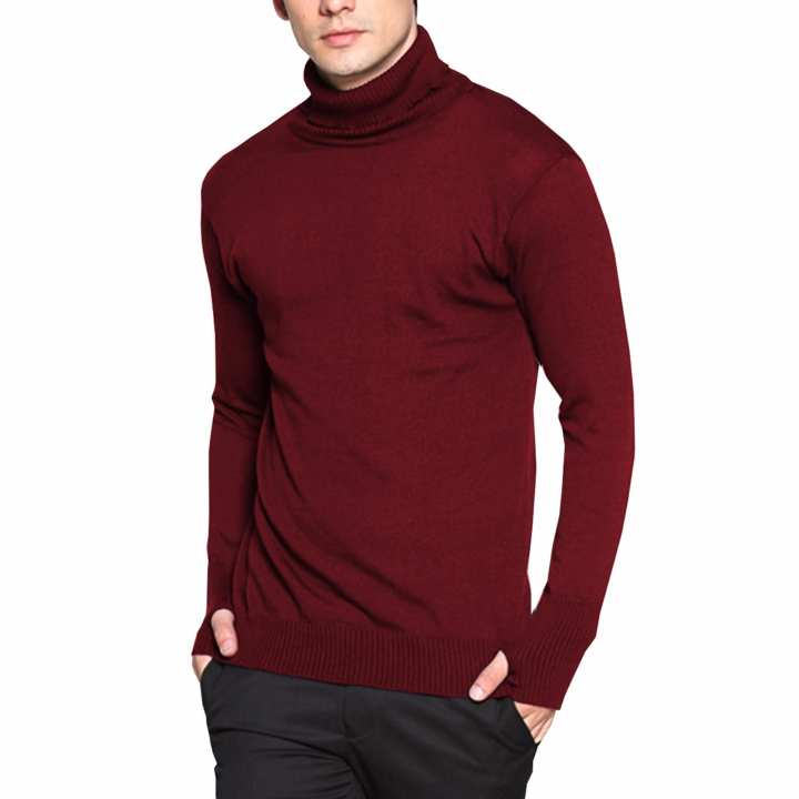 VM Sweater Rajut Polos panjang Krah Tinggi Merah Maroon 