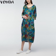 Vonda 2018 Maternity Pakaian untuk Hamil Wanita Musim Panas Kasual Longgar Cetak Katun Gamis Longgar Kehamilan Vestidos Ukuran Lebih Hijau -Internasional