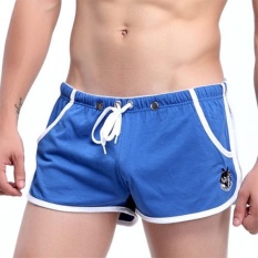 WANGJIANG Pria Kontras Warna Rendah Pinggang Built-In Pouch Arrow Shorts Rumah Santai Olahraga Boxers Underwear Biru-Intl