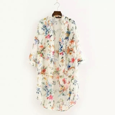 Wanita busana Wanita 3/4 baju lengan 24 coming to bunga asimetris kampuh leher blus longgar kain tipis sutera