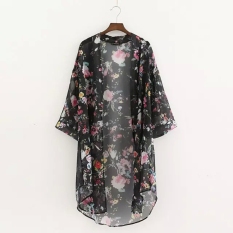 Wanita Busana Wanita 3/4 Lengan Baju 24 Buka Floral Asimetris Kampuh Leher Blus Longgar Kain Sutera Tipis