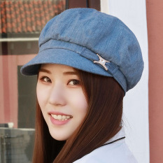 Wanita Hard Benn Baret Topi Kain (Biru Tua (Gesper Berlian Bentuk Rambut Acak))