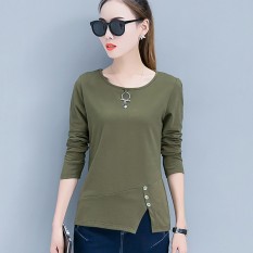Wanita Katun Murni Ramping Baju Dalaman Warna Polos Lengan Panjang Kaos (Tentara Hijau)