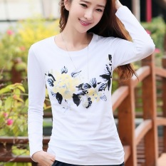 Wanita Katun Sederhana Lengan Panjang Baju Dalaman Putih Ramping Kaos (Putih)