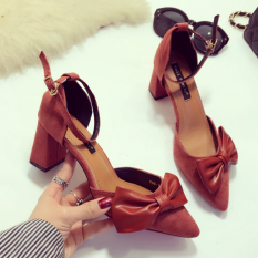 Wanita Korea Modis Gaya Busur Pointed untuk Gesper Horizontal Tebal With Sepatu Elegan Sepatu Tumit (Bata Merah)