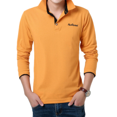 Kemeja POLO Warna Polos Memiliki Kaos Pria Lengan Panjang (Oranye Hitam Kerah)