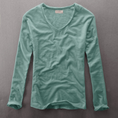 Warna Polos Katun Slub Bernapas Ramping Baju Dalaman Kasual Lengan Panjang Kaos (Lampu Hijau)