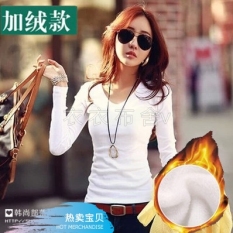 Korea Modis Gaya Tambah Beludru Warna Polos Perempuan Baju Dalaman Kaus (Satu Potong Leher-v Putih Tambah Beludru Versi) baju Wanita Baju Atasan Kemeja Wanita