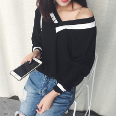 Kaos Wanita Satu Warna Lengan Panjang Model Sabrina Kerah V Gaya Hongkong (123 (hitam))