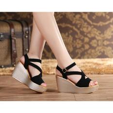 Wedges Wanita Tali Silang Hitam LS13