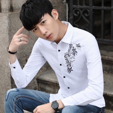 PUTIH Pria Korea Musim Gugur Panjang Pria BARU Putih Lengan Shirt Slim All-Match Casual Shirt Printing Metrosexual Youth- INTL