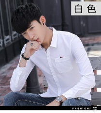 PUTIH Pria Kemeja Oxford Mens Long Sleeve Shirt NEW Youth Santai Kemeja Slim Siswa Korea-Intl